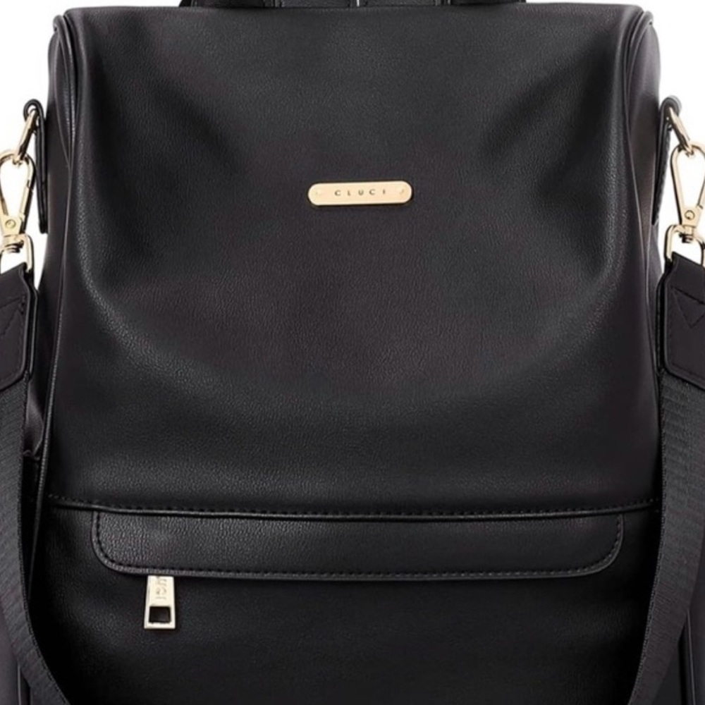 Sleek Black Structured Backpack with Gold Hardware